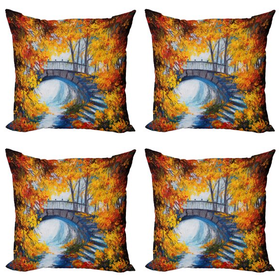 Ambesonne Art Throw Pillow Cover 4 Pack, Autumn Forest with Bridge, 16", Marigold Vermilion Blue