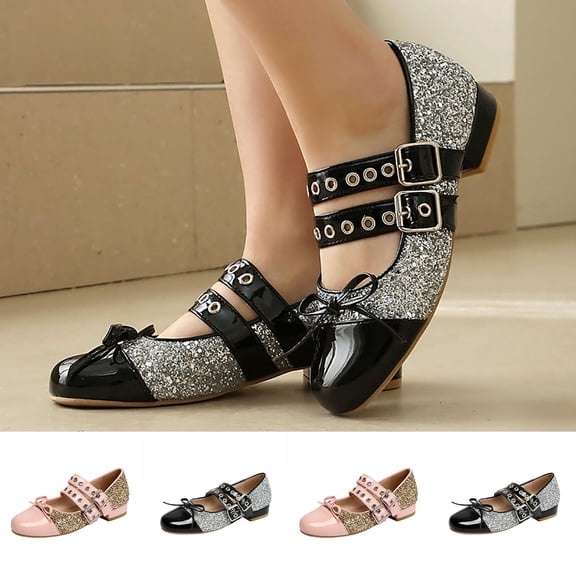Women's Wide Width French Mary Jane Heels, Patent Leather & Glitter Cutout Round Toe Shoes with Double Buckle Strap & Bow Accent, Comfortable Low Block Heel Dress Shoes, Black/Pink