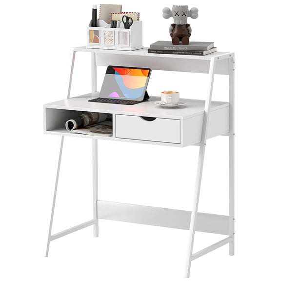 HOMCOM Computer Writing Desk for Small Space w/ Drawer, Storage Shelves, White
