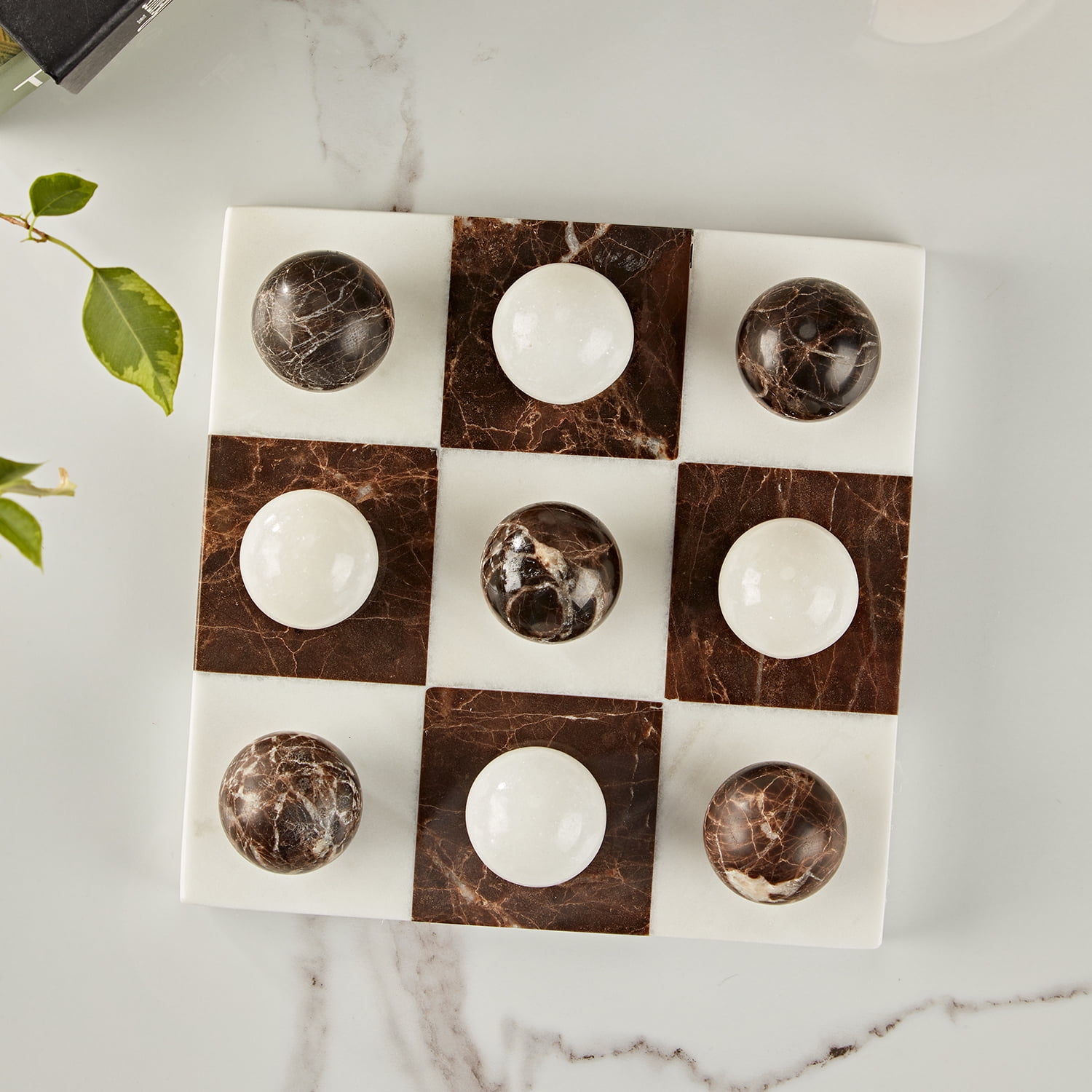 Organic White& Brown Marble Home Decorate, Sturdy Marble Board Tabletop, Marble Classic Tic-Tac-Toe Board, Board for Home, Tabletop Game