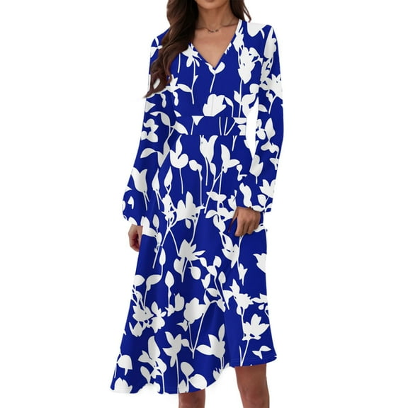 WTOBBY Women's Casual Fashion Floral Print V-Neck Long Sleeve Waist Long Dress Maxi Length with Flowy Hem for Elegance Waist-Defining Tie for Feminine Shape Boho Style ,Dark Blue L