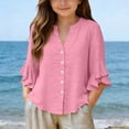 thumbnail image 2 of LIIPEE Solid Color Blouse For Girls Short Sleeve Collarless Ruffle Button Up Shirts Kids Lightweight Breathable Cute Summer Tops,5-6 Years, 2 of 5