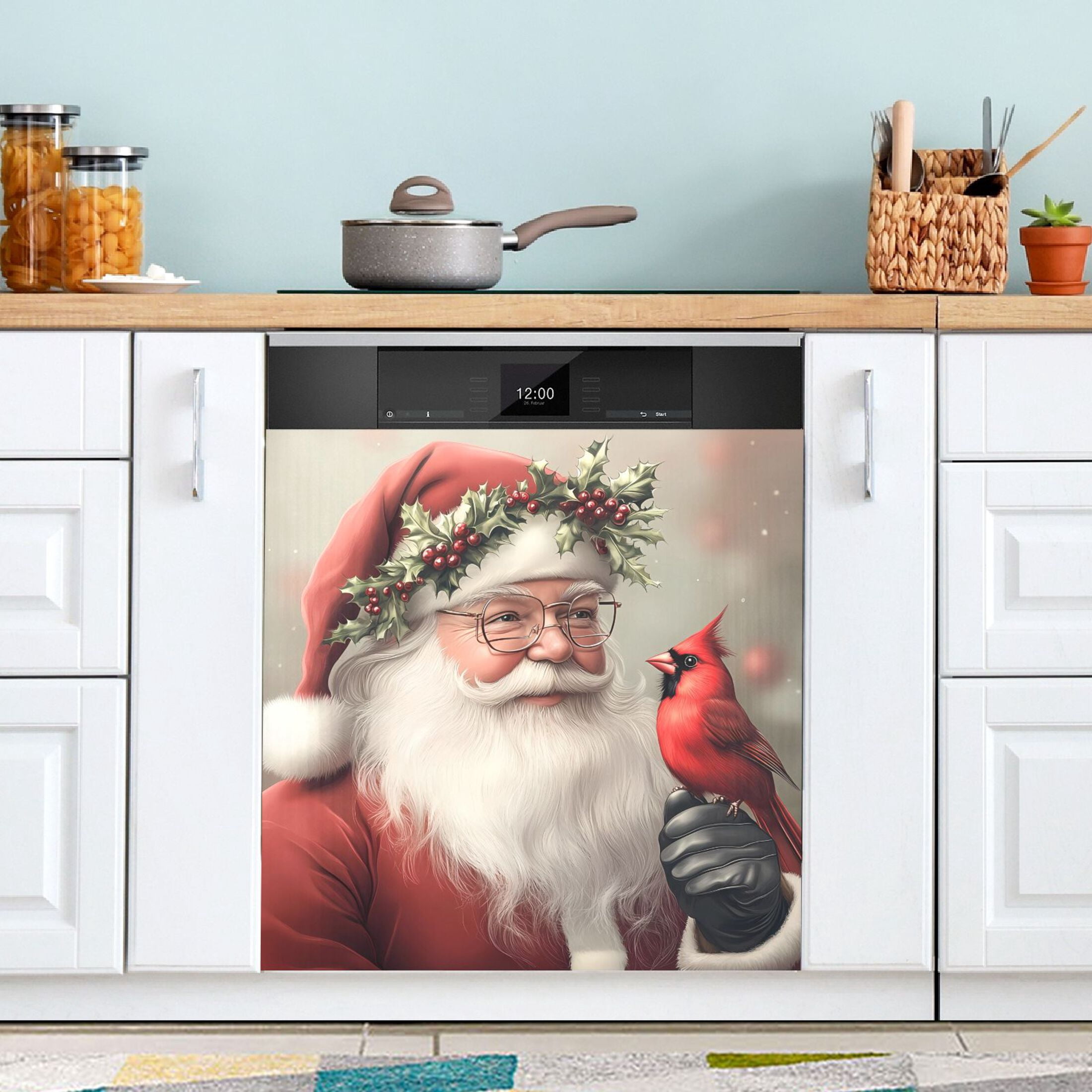 Ryvnso Vintage Santa Claus with Cardinal Dishwasher Magnetic Refrigerator Magnet Cover Kitchen Home Decorative 23"x26"
