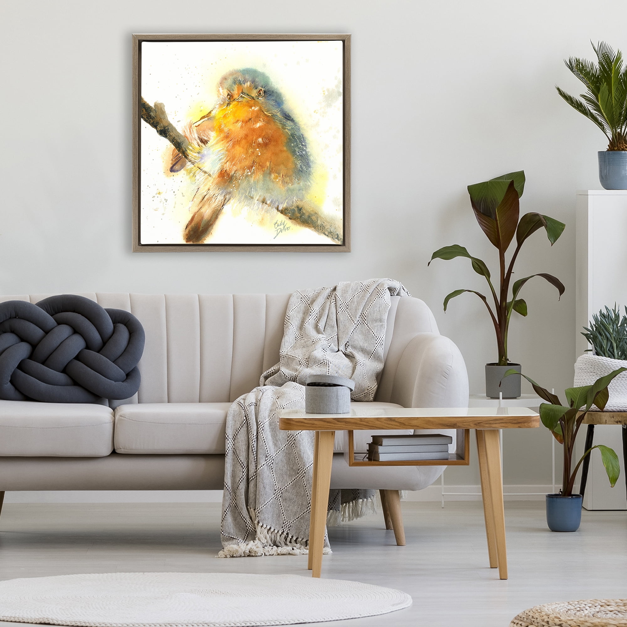 Stupell Industries Seated Songbird Watercolor Brown Framed Floater Canvas Wall Art, design by Cady Driver