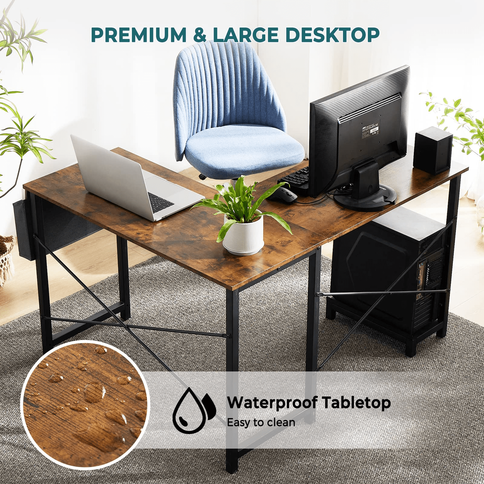 L Shaped office Computer Desk Corner Workstation with Side Storage Bag and CPU Stand Shelf, 49 Inch, Rustic Brown