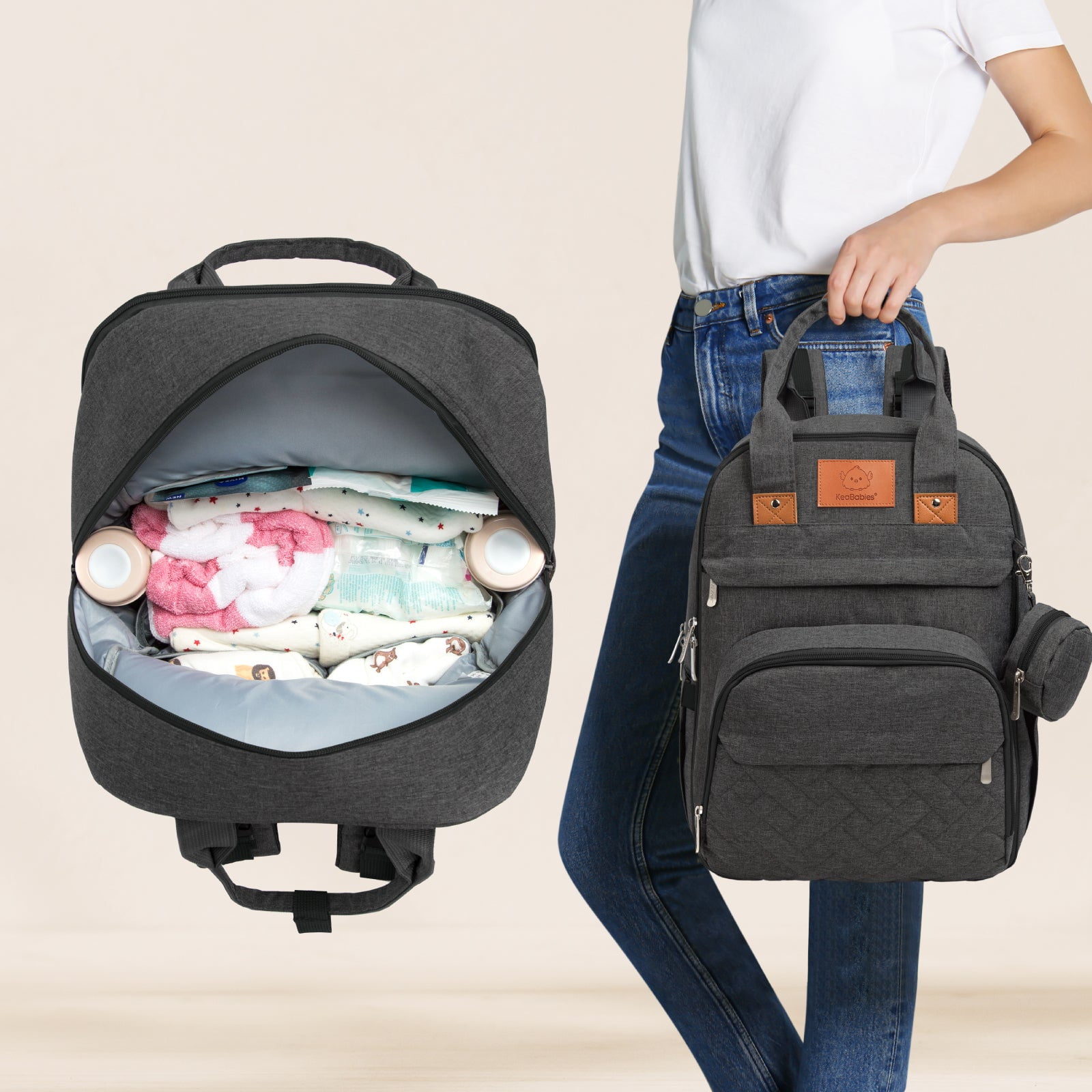 KeaBabies Diaper Bag Backpack - Large Waterproof Travel Baby Bags (Classic Gray)