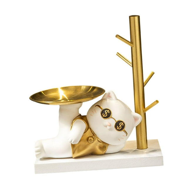 Estatua de animal con bandeja de almacenamiento, llavero, figurita, regalo, organizador de escritorio, artículos diversos Gato