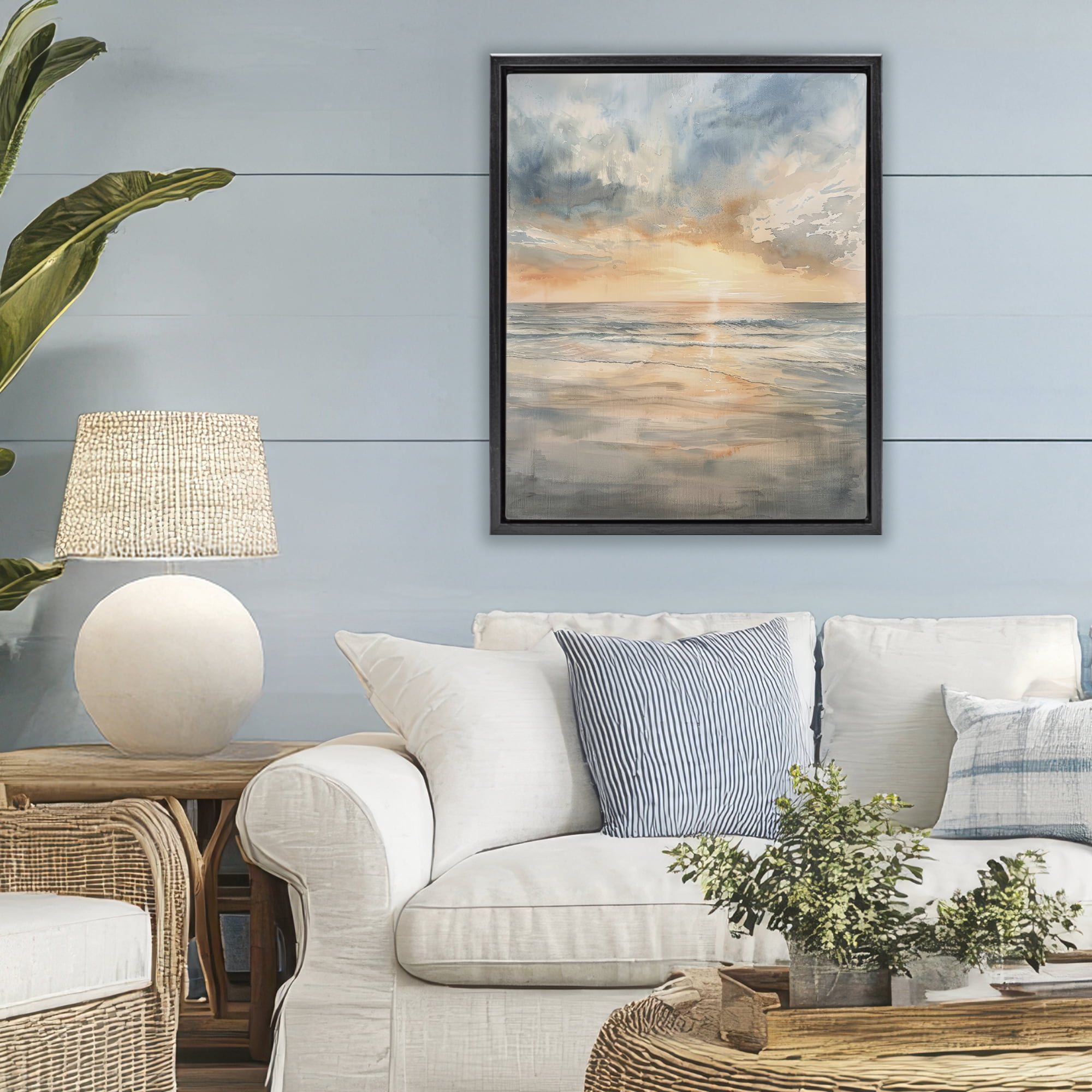 Stupell Industries Coastal Sunset over Gentle Waves Black Framed Floater Canvas Wall Art, design by Petal Prints Design