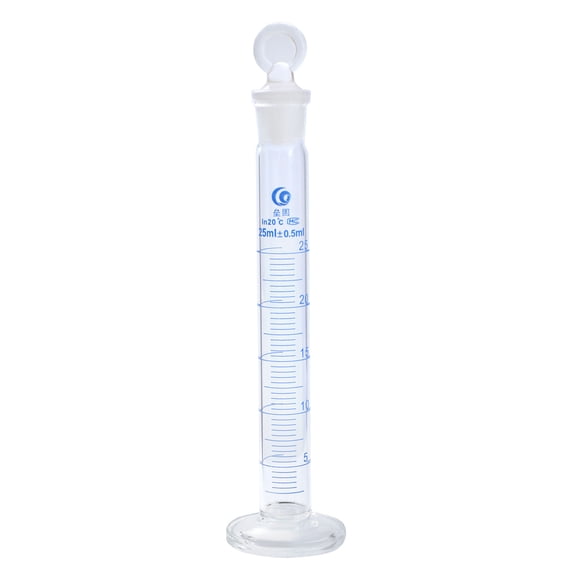 Unique Bargains 25ml 3.3 Borosilicate Glass Graduated Cylinder with Stopper, Hex Base Blue Graduations Measuring Cylinder