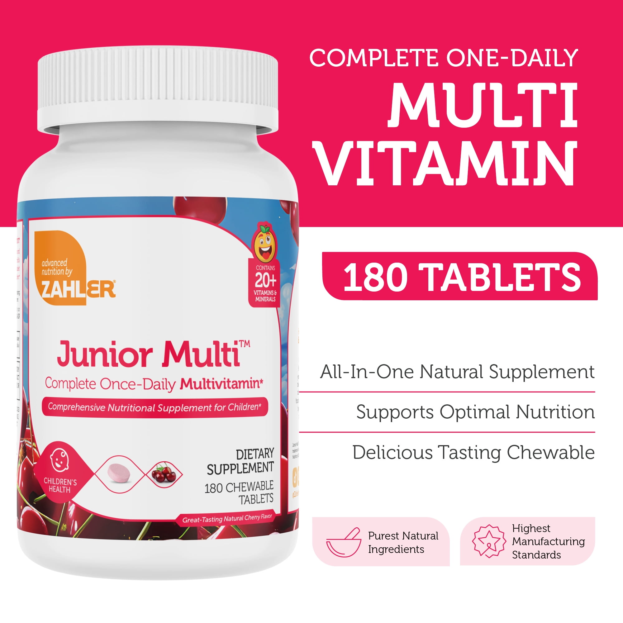 Zahler Kids Multivitamin Chewable Vitamin Tablet - Complete One Daily Kids Vitamins Supplement - Contains 20+ Minerals & Vitamins for Kids & Toddlers - Kosher Multivitamins Cherry Flavor (180)