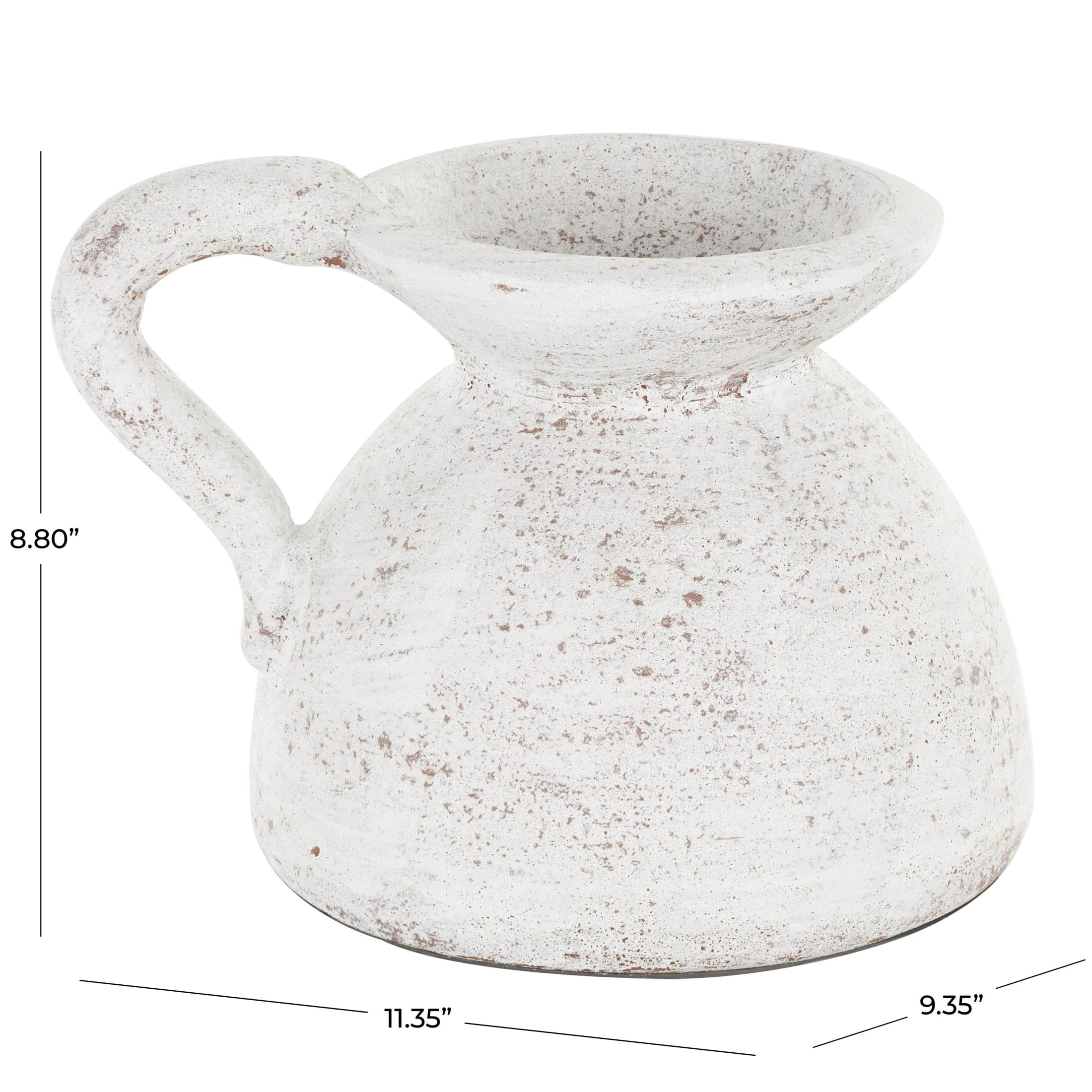 DecMode 9" Antique Style Textured Pot White Ceramic Vase with Handle