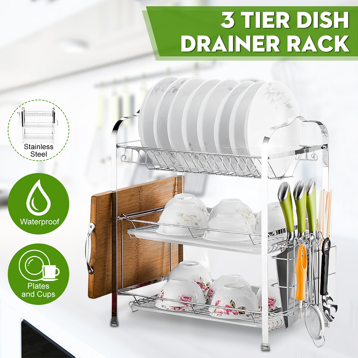 Dish Drying Rack 3Tier Chrome Plating Dish Rack Stainless Steel