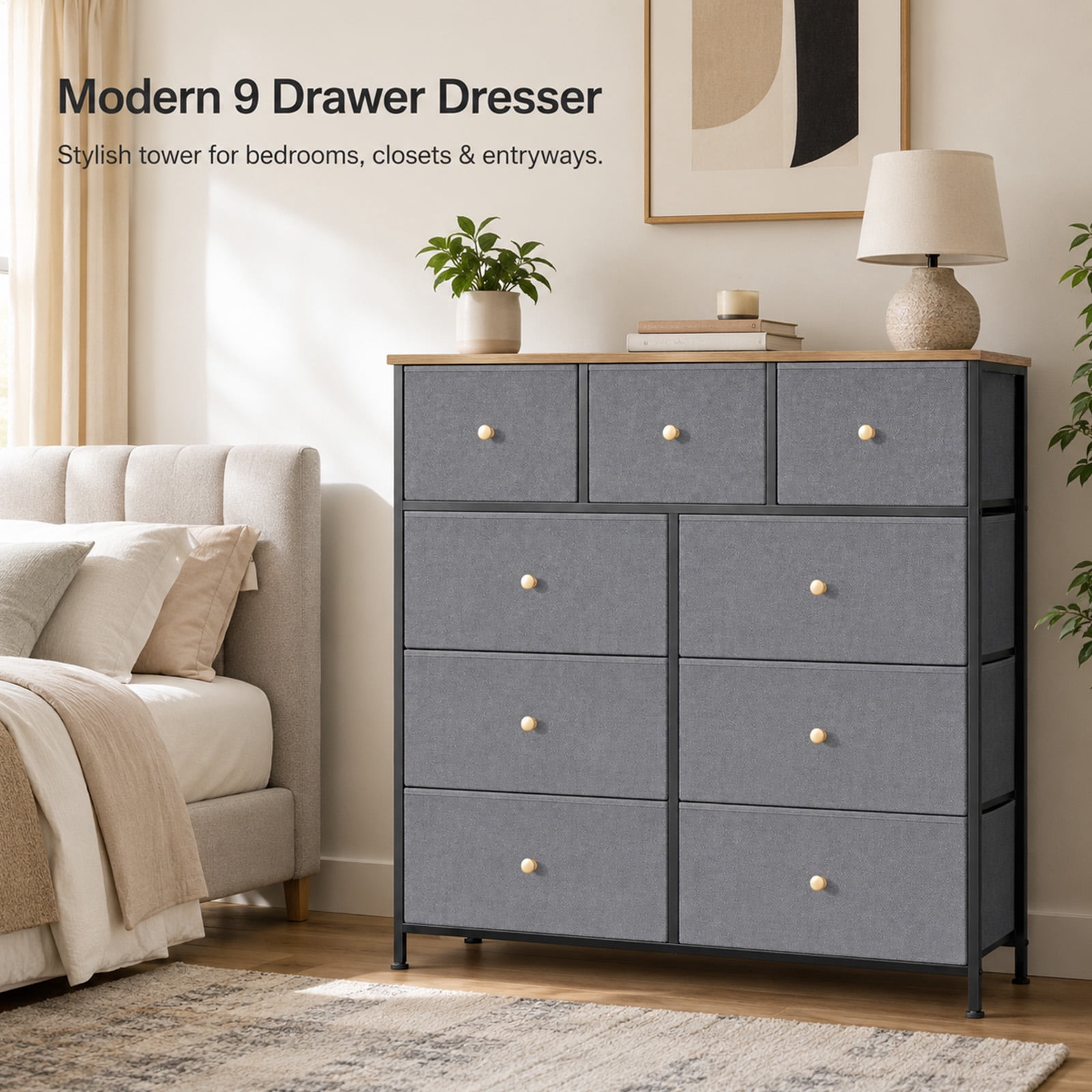 Alvantor 8/9 Drawer Fabric Dresser, Storage Tower for Bedroom and Closet, Chest of Drawers with Sturdy Steel Frame & Wooden Top for Living Room, Entryway