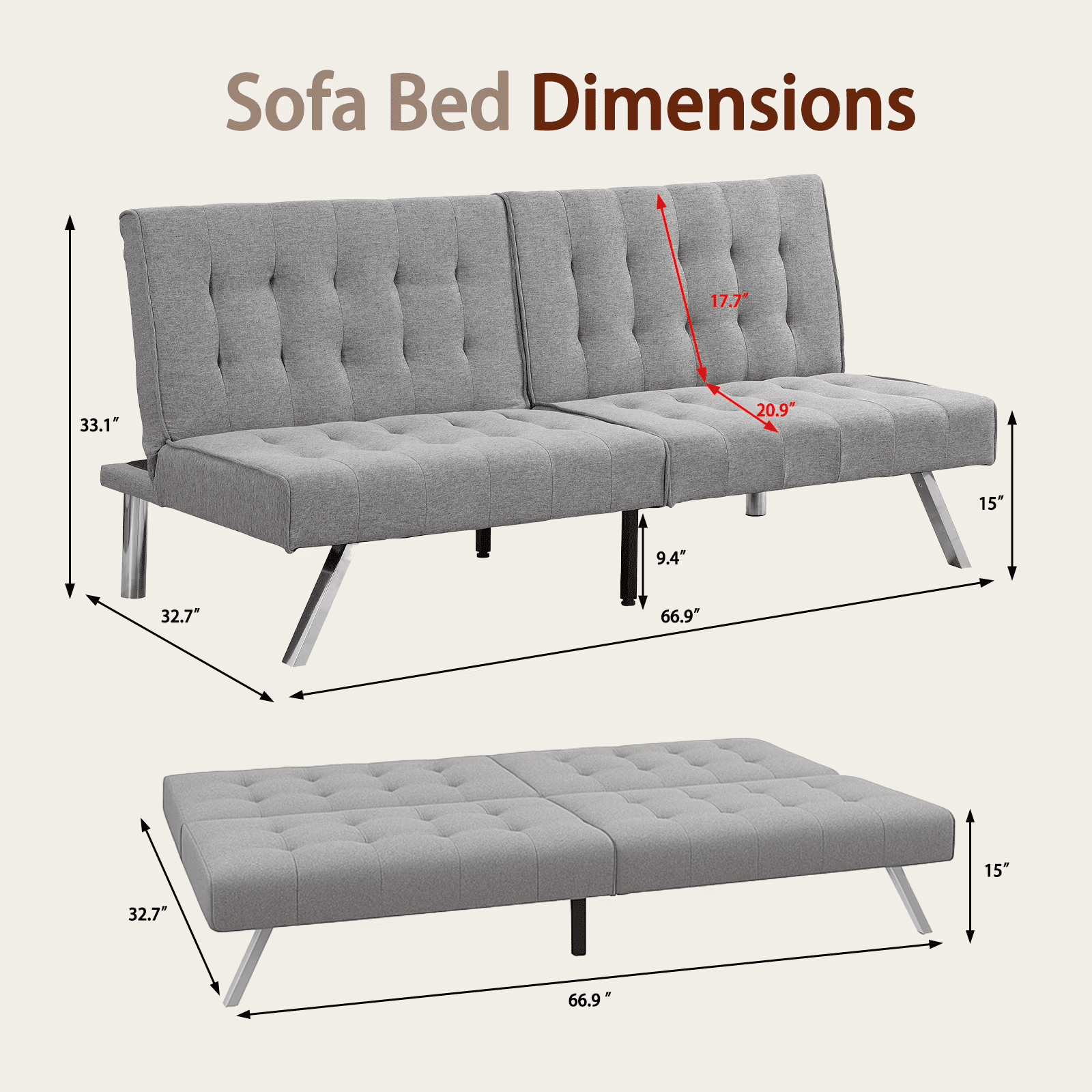 ASINMAK Convertible Sofa Bed Adjustable Couch Sleeper - Fabric Loveseat Futon Bed with Breathable Chenille, Metal Legs, and Adjustable Lounge - Perfect for Compact Living Space - Gray