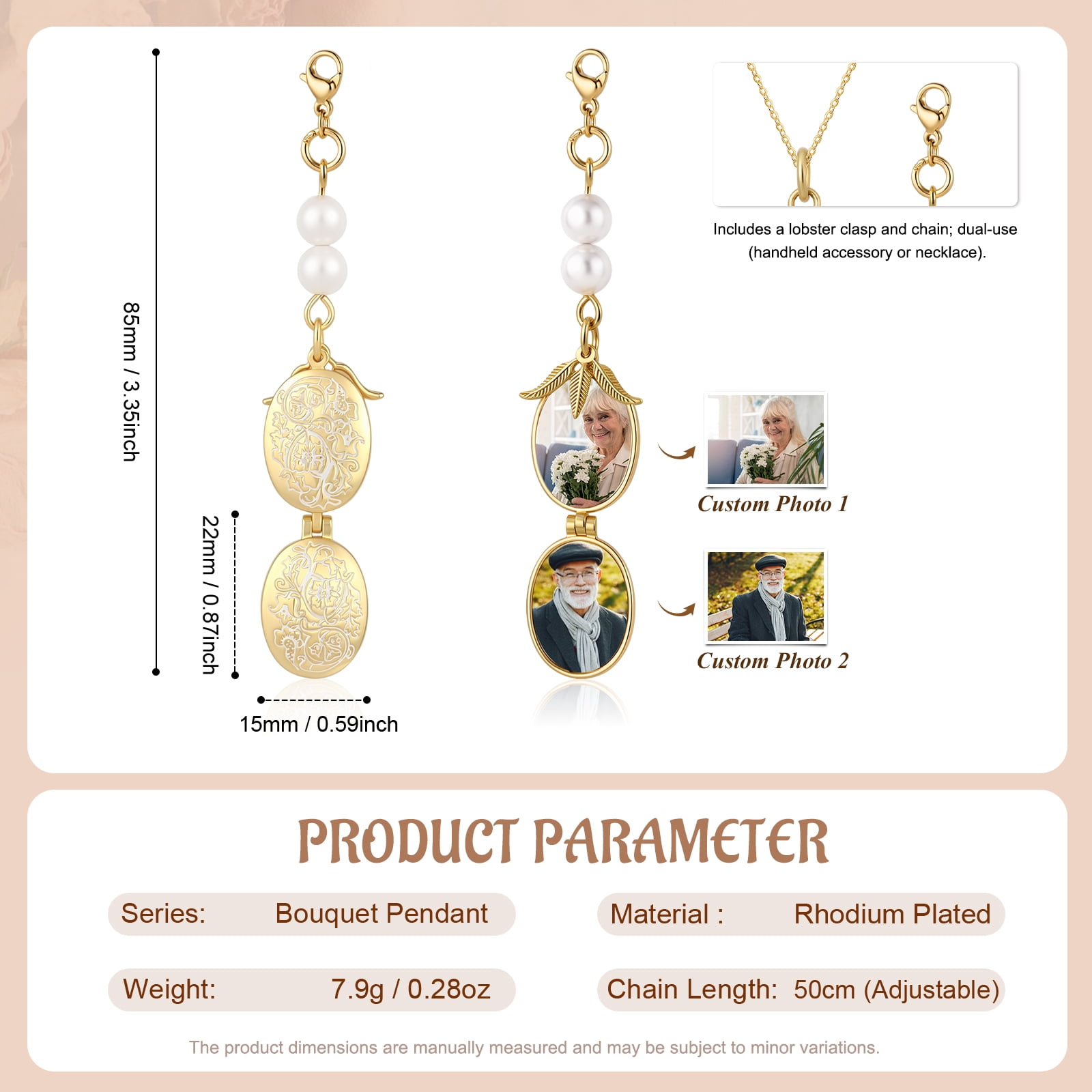 Mementos Personalized Brass Oval Photo Locket Necklace, 2 Custom Photos, Pearl Beads