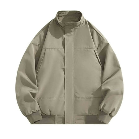 Levmjia Men s Nylon Stand Collar Jacket Snap Button Pocket Casual Coat Lightweight Zippered Windbreaker Solid Color Long Sleeve Outerwear Durable No-Hood Top M-3XL