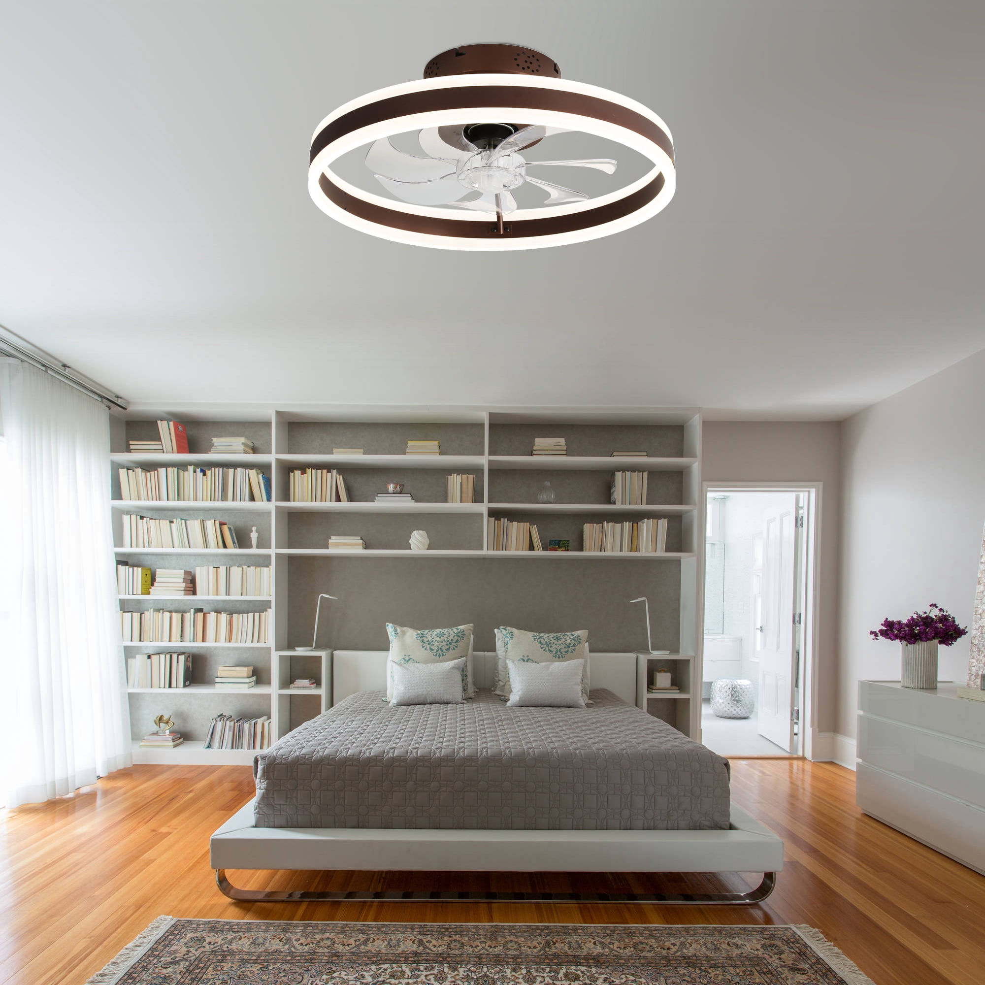 20" Coffee Brown Reversible Flush Mount Ceiling Fan with Remote Control, APP Control 6-Speed Low Profile Ceiling Fan with Dimmable Light