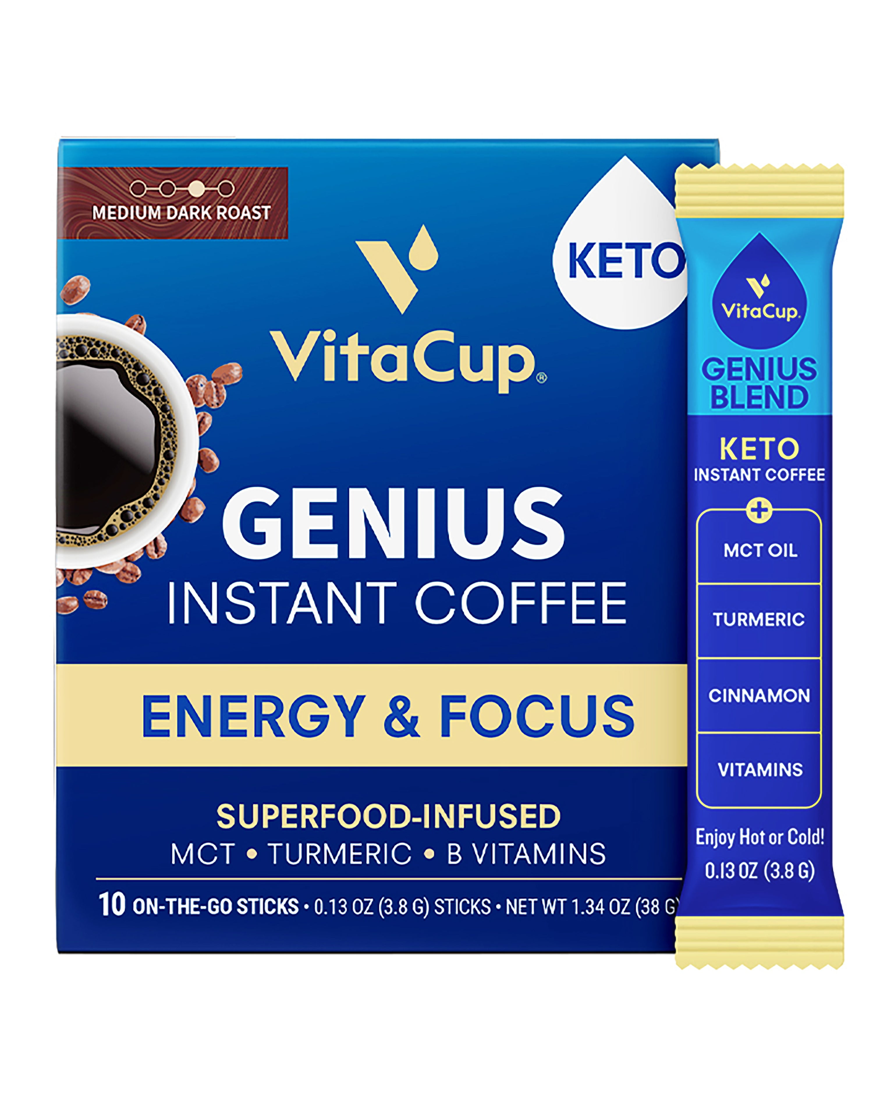 VitaCup Genius Instant Coffee Packets, Increase Energy & Focus, Keto Coffee, Serve Hot or Cold Brew, MCT Oil, Turmeric, B Vitamins, D3, Bold & Smooth,100% Arabica Coffee in Single Serve Sticks, 10 Ct