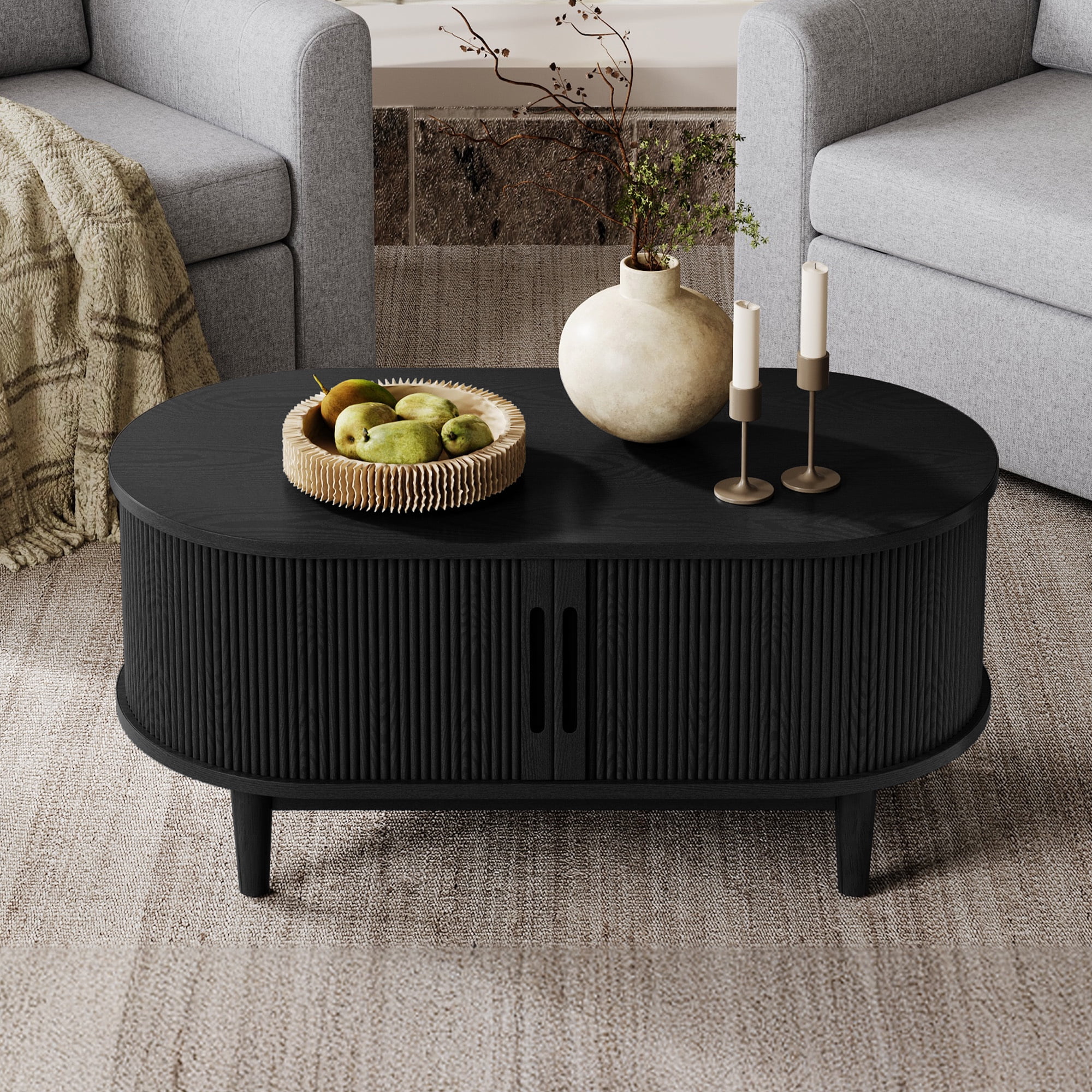 LINSY HOME Fluted Coffee Table with Storage, Mid-Century Coffee Table for Living Room with Sliding Tambour Door, Black