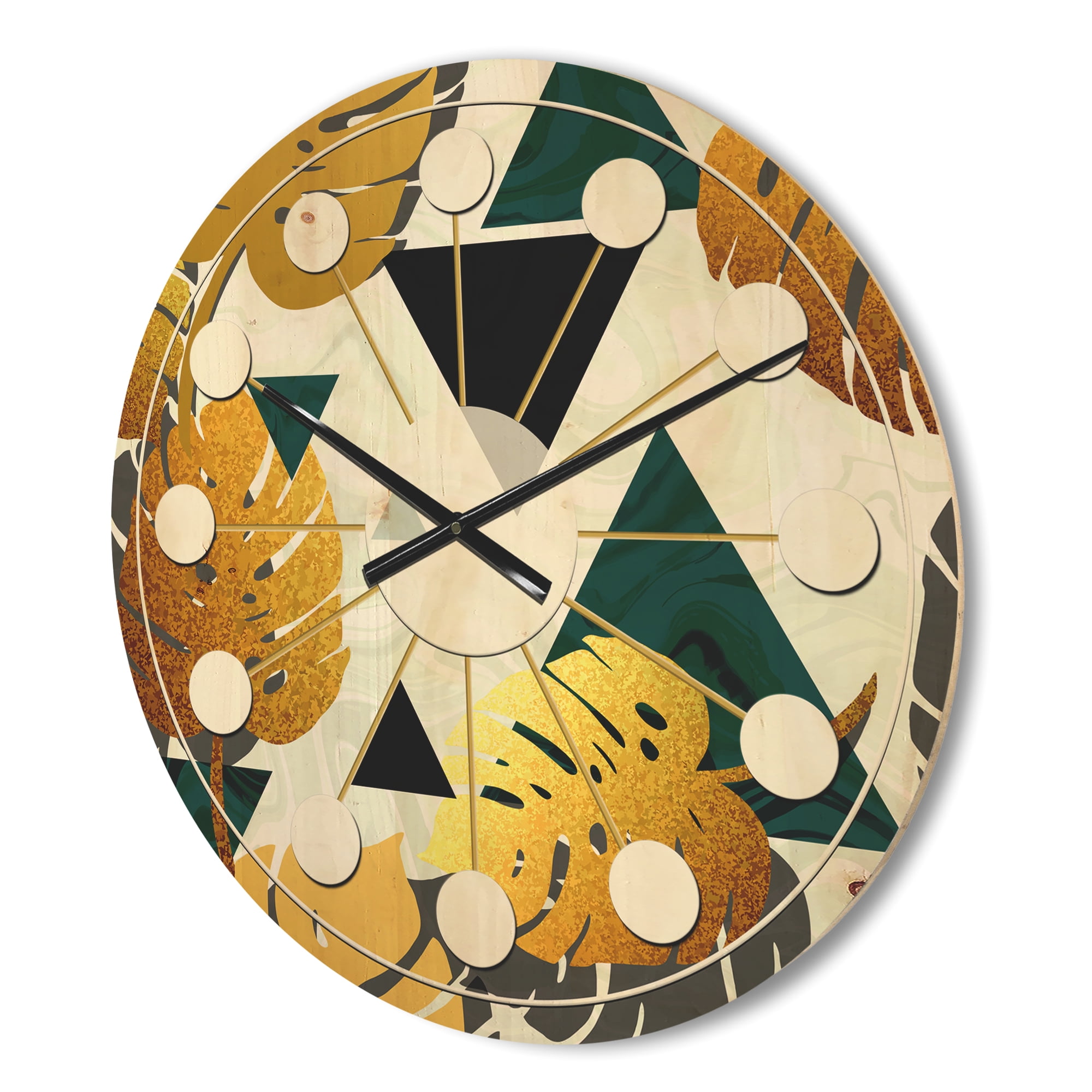 Designart 'Retro Golden Foliage V' Mid-Century Modern Wood Wall Clock