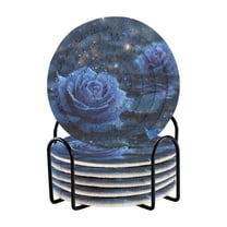 6 Pcs Drink Coasters with Holder 3.94in Woven Coasters for Drinks Blue Rose Pattern Coaster Set for Protection Table