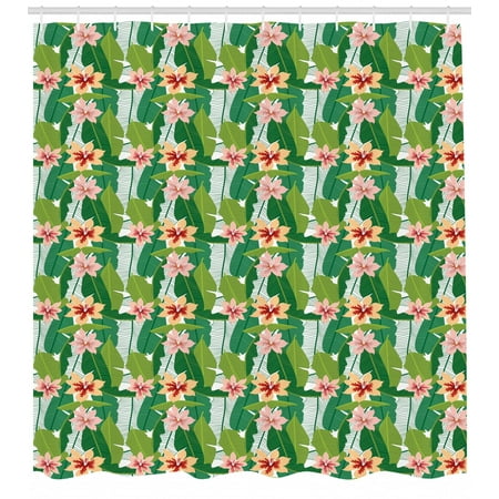 Fl Shower Curtain Exotic Hawaiian Style Botanical Pattern For Tropical Heaven And Paradise Holiday Fabric Bathroom Set With Hooks 69w X 75l