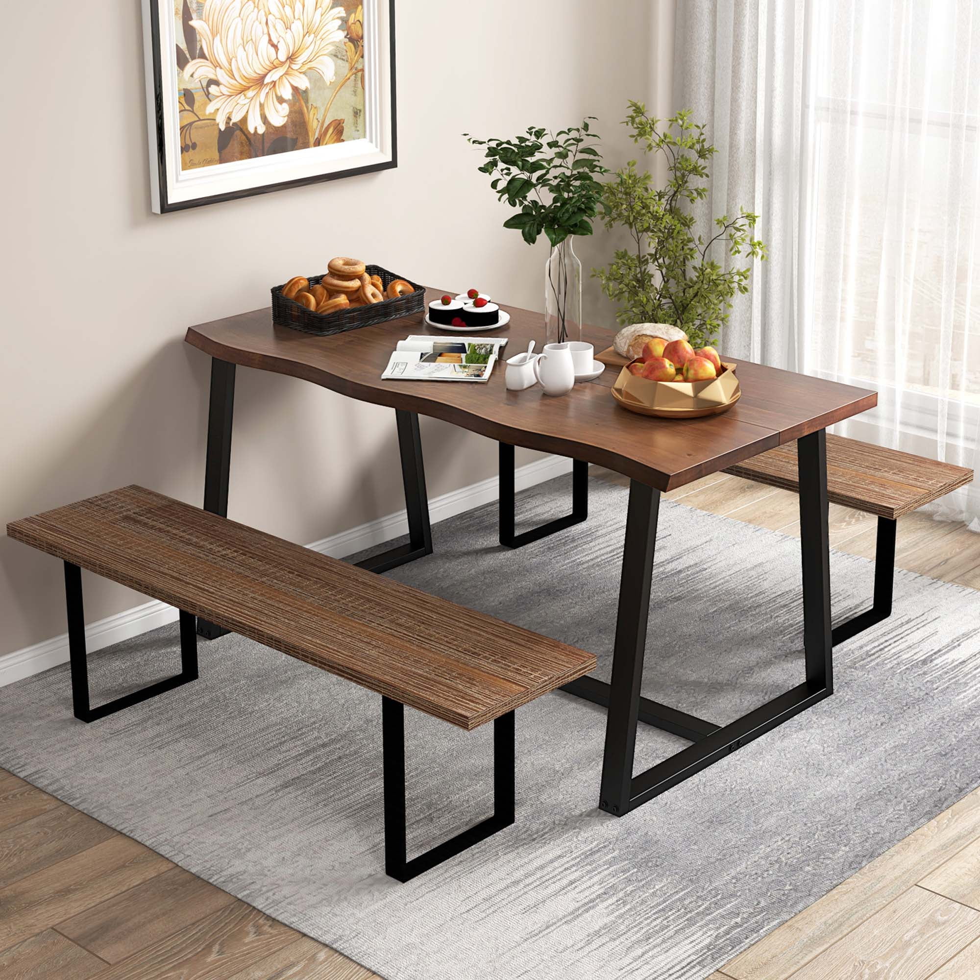 Costway 63" Large Dining Table for 4-6 People with Wavy Edge Heavy-duty Metal Frame Coffee