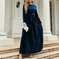 thumbnail image 4 of Vestido largo para mujer, cuello redondo, manga larga, cintura alta, correa, color puro, vestido largo para otoño invierno, azul oscuro XXL, 4 of 7
