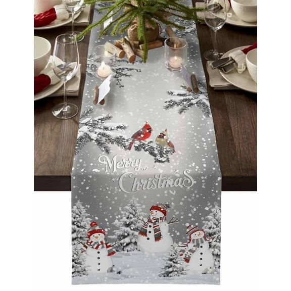 Grey Merry Christmas Dresser Scarf Farmhouse, Dining Table Decorations for Wedding/Parties, Snowman Xmas Tree Snowflake Winter Birds Table Runner 36 Inches Long for Kitchen Dining, 13 x 36 In