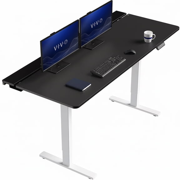 VIVO Electric 71" x 30" Desk, Full Pad, Black Hidden Cable Tabletop, White Frame