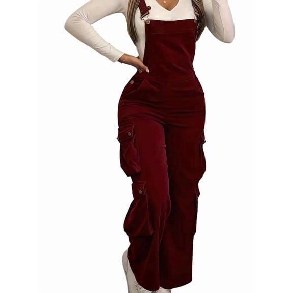 Women'S Corduroy Overalls with Adjustable Straps, Baggy Bib Jumpsuit, Casual with Pockets Red XL