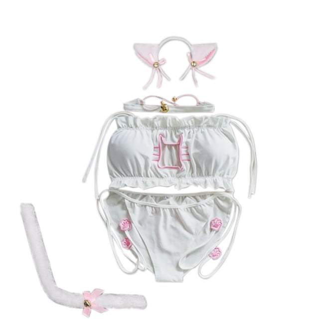 Conjunto de lencería para mujer Gatito Ojo de cerradura Lindo traje sexy Oreja de gato Aro para el pelo Cola de gato - Blanco