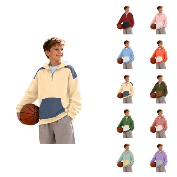 Quarter Zip Color Block Kids Hoodie Knit Pullover Hooded Sweatshirt with Pocket Soft Breathable Lightweight Layer Top Stylish Outerwear for Children Aged 4-14 Casual Daily Wear