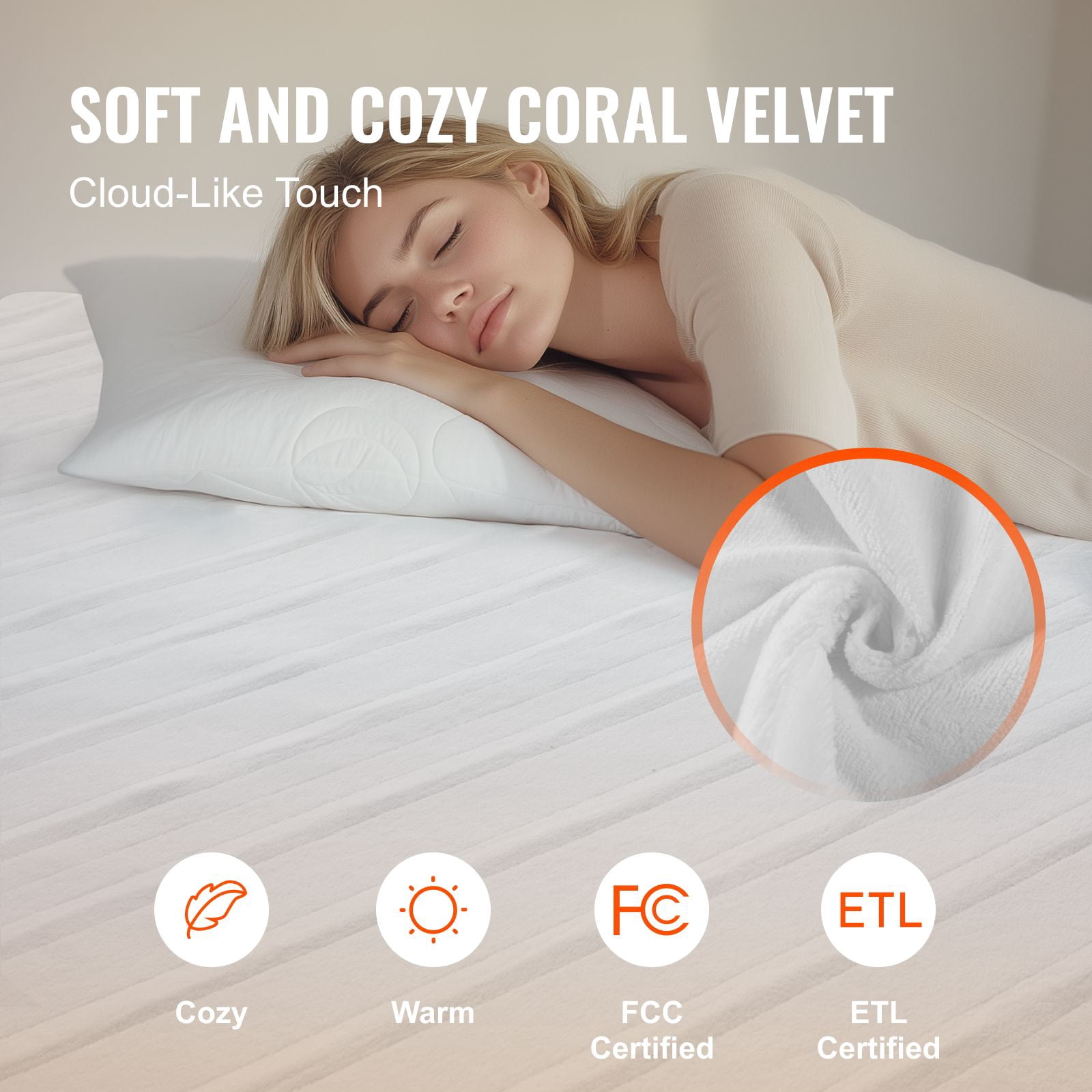 Electric Heated Underblanket 5 Temperature Settings 10-Hour Auto-Off Coral Velvet for Winter Bed Warmth
