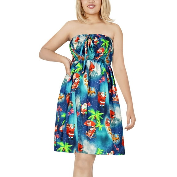 HAPPY BAY Women's Casual Beach A line Slit Smocked Mini Dress Tube Top Evening Short Strapless Christmas Tree Outfits for Women L-XL Admiral, Santa