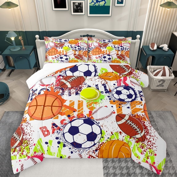 Homewish Basketball Soccer Football Bedding Comforter Set 2pcs for Kids Teens Adults,Sport Gamer Twin Comforter Sets Microfiber,Graffiti Splash Breathable Bedding Set,Breathable Home Decor