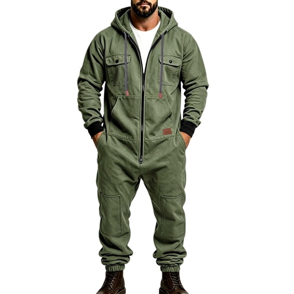 Men's Workwear Jumpsuit, Hooded Zip Up Coverall, Cargo Pocket One Piece, Loose Fit Outdoor Romper, Streetwear Hip Hop Overalls, Casual Long Sleeve Jumpsuit