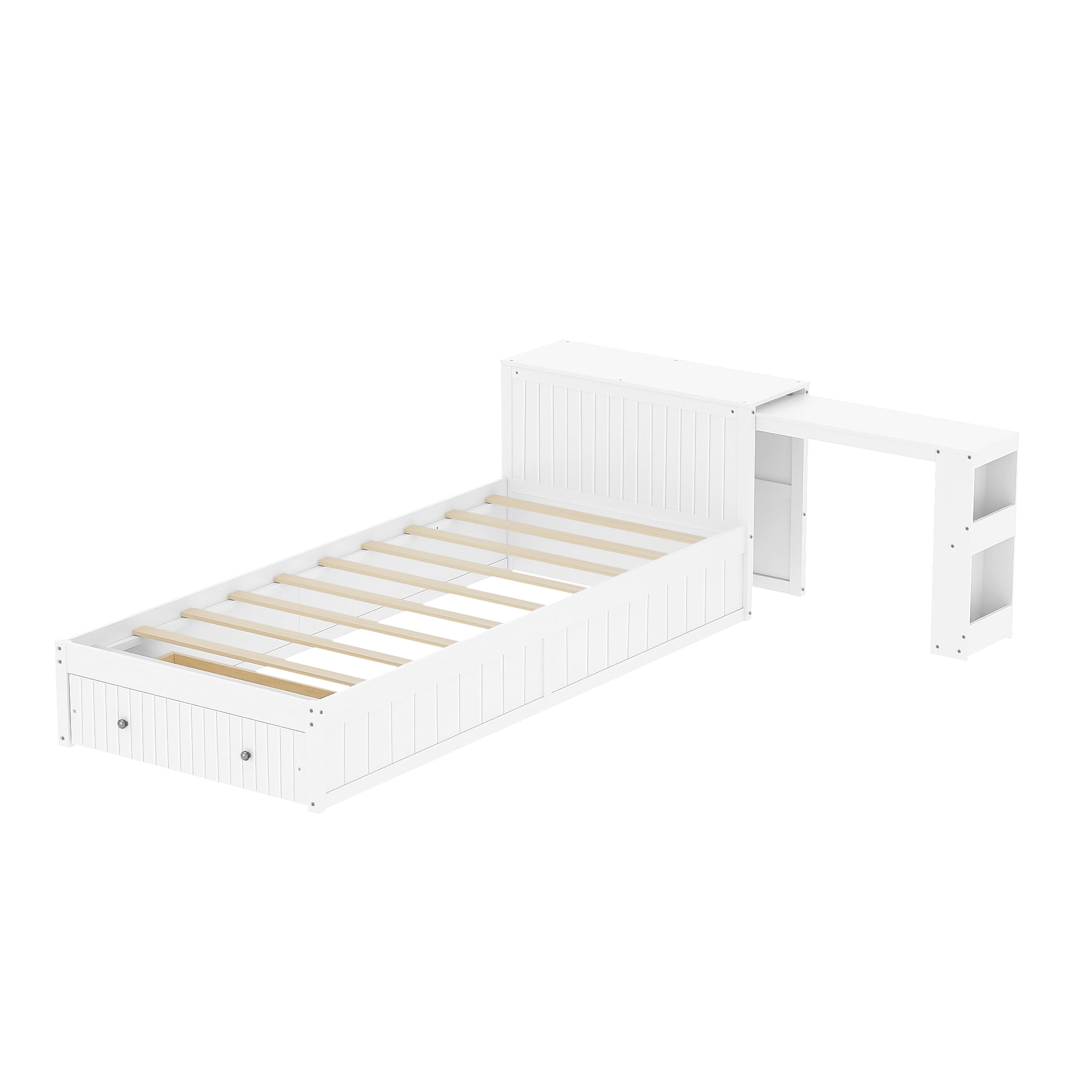 Mintazer Twin Size Platform Bed with Desk & Chair, Multifunctional Platform Bed with Storage Drawer & Side Open Shelves for Kids Teen Bedroom Apartment, White