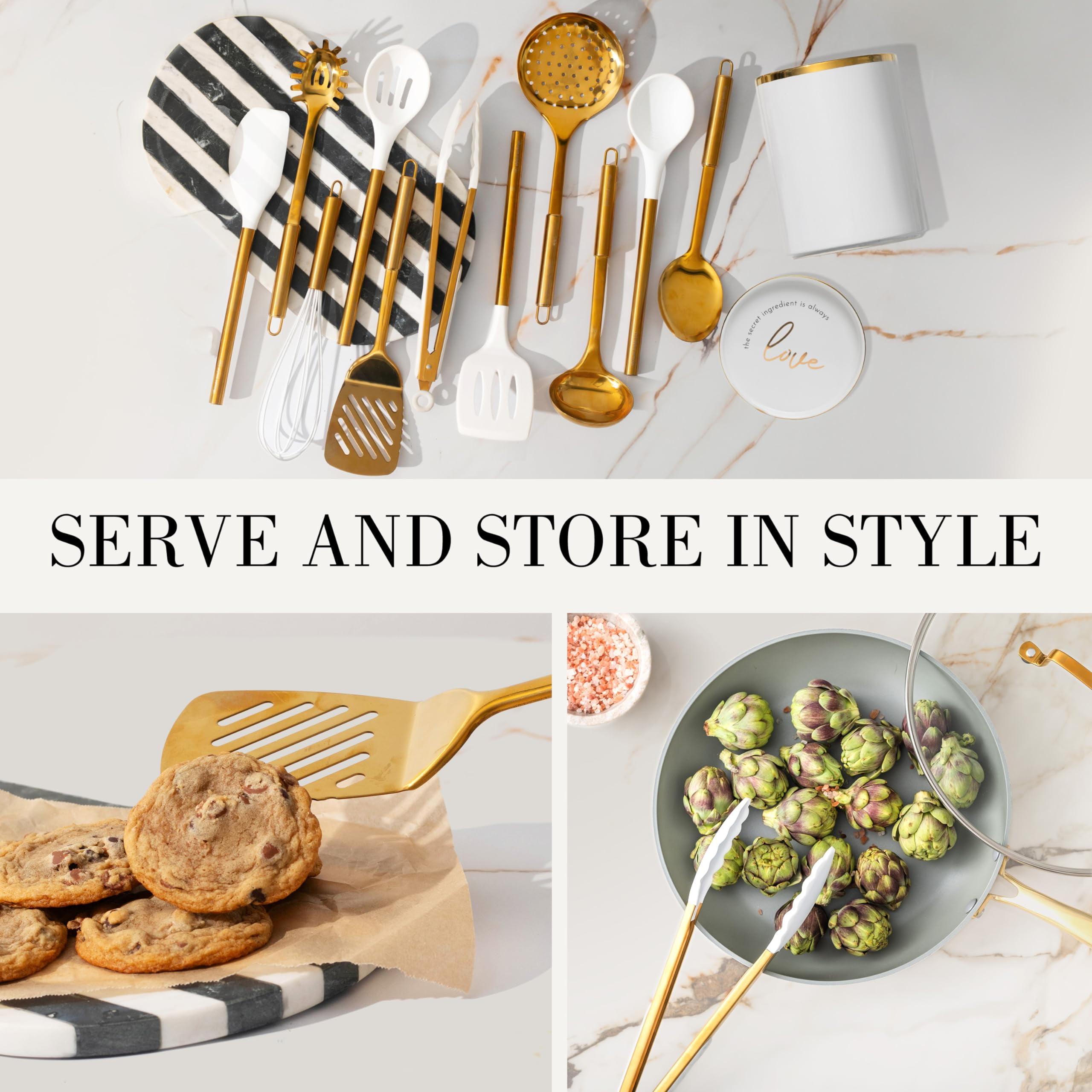 White and Gold Cooking Utensils Set - 13 PC White and Gold Kitchen Utensils Set Includes White Ceramic Utensil Holder with Built-In White & Gold Spoon Rest - Gold Kitchen Accessories