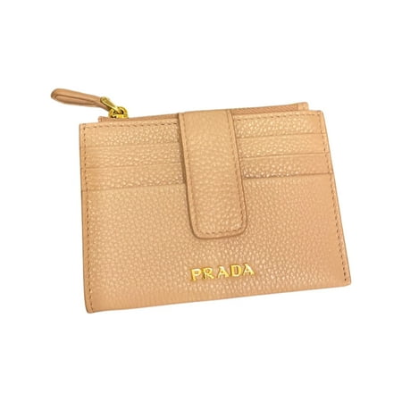 New Prada Womens Vitello Grain Cipria Beige Leather Zip Top Card Wallet 1MC026