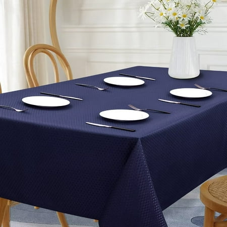 

WhizMax Water Resistant Waffle Tablecloth Plaid Jacquard Table Cloth for Holiday Dinner Buffet Banquet Parties 52 x 70 Navy Blue