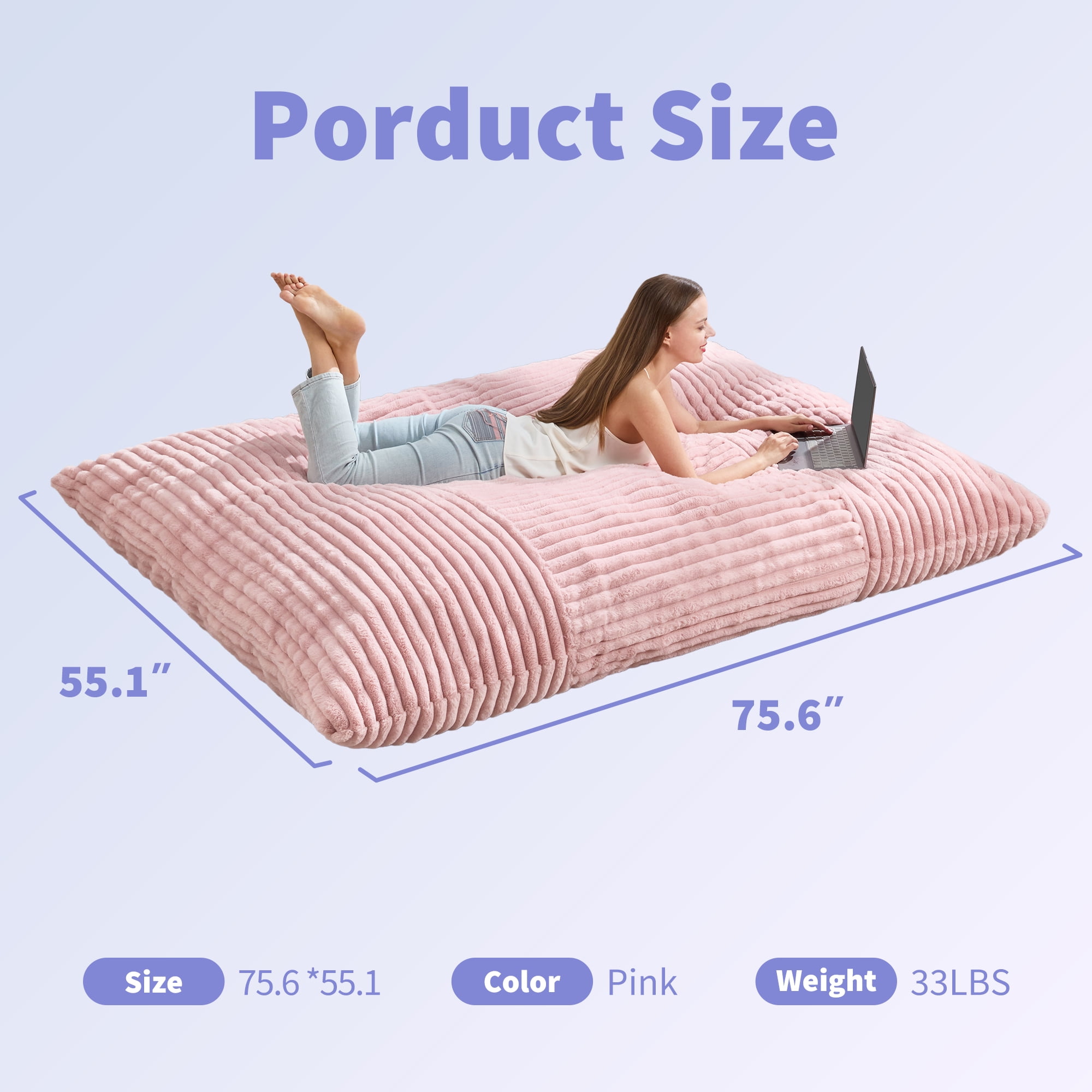 Hobestluk 3 in 1 Convertible Giant Bean Bag Chair, Machine Washable Cover Bean Bag Cushion for Adults, Pink