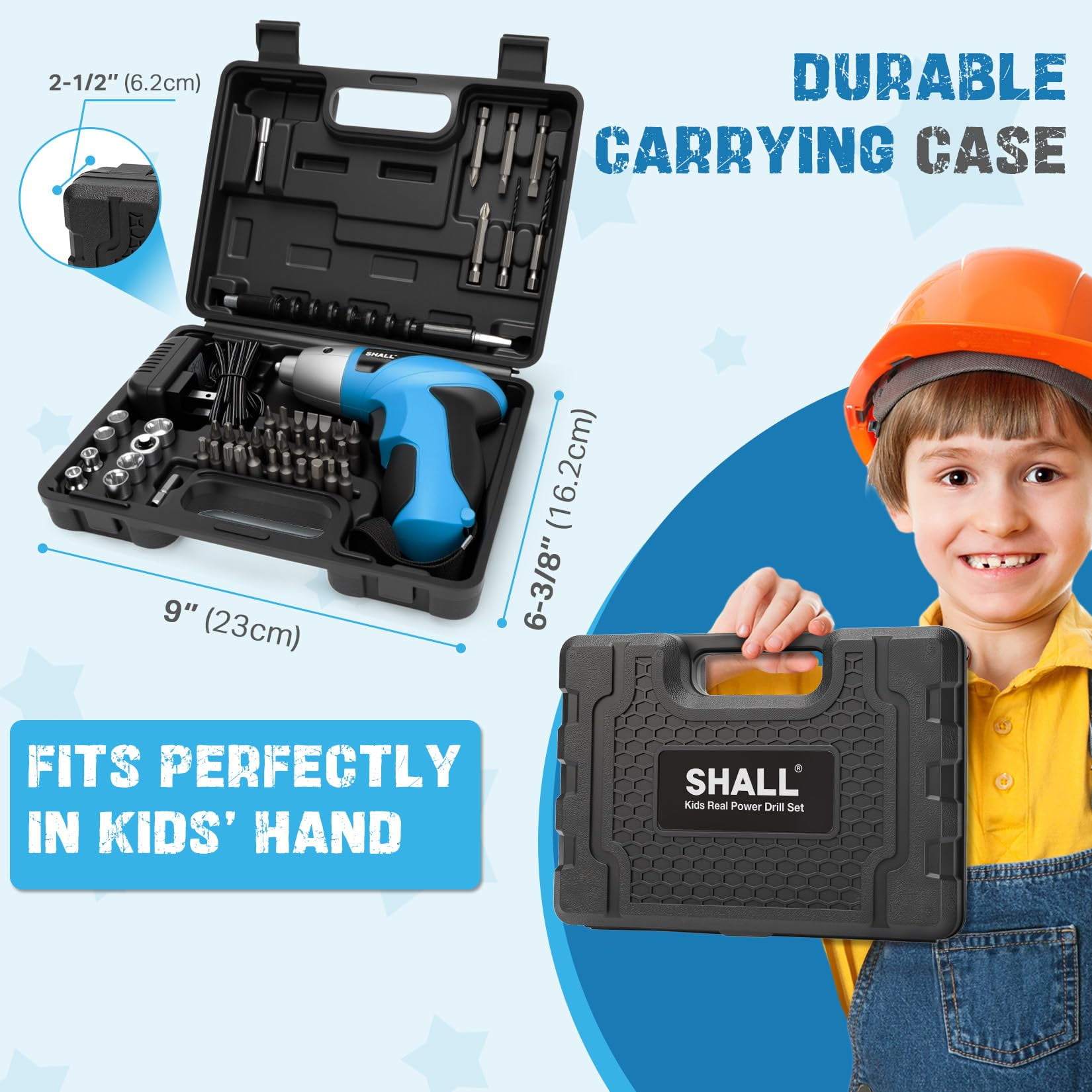 SHALL 47-Piece Kids Real Cordless Power Drill Set, Safety Certified Electric Screwdriver W/Screwdriver Drill Bits, Socket, Flexible Shaft, Carrying Case, DIY Construction Tool Kit for Children Age 8+