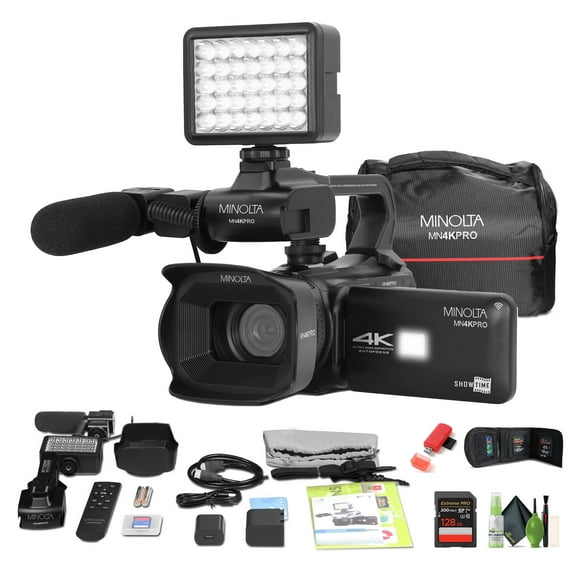 Minolta MN4KPRO 4K60FPS UHD 64 MP Autofocus Pro Camcorder Kit w/WiFi Bundle With 128GB Memory Card   Cleaning kit   Memory Card Wallet   USB Card Reader, SD/microSD