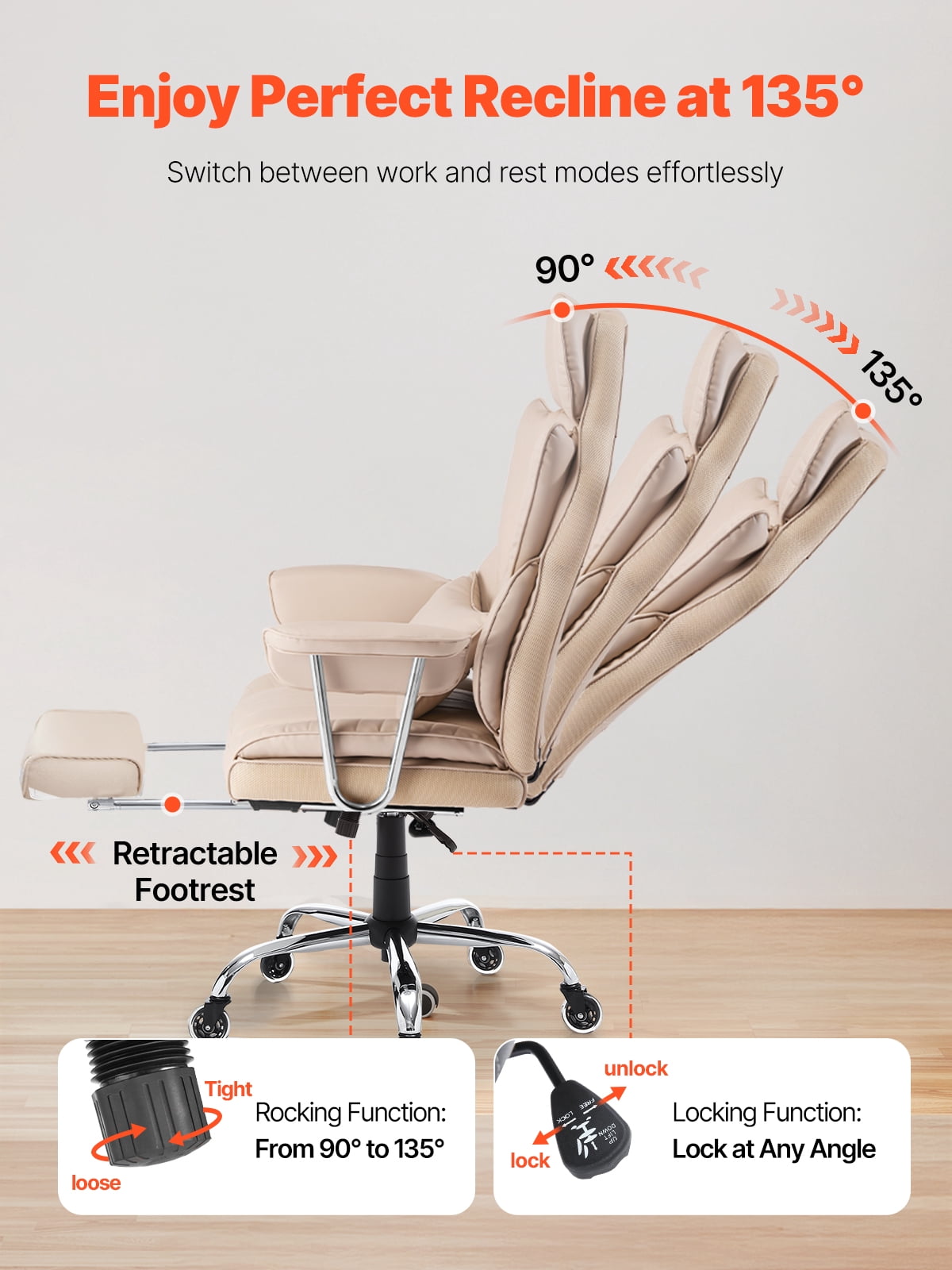 KFFKFF Managerial Office Seat, Tall Backrest Chair with Retractable Footstool and Detachable Arm Supports, Comfortable Workstation Chair, PU Leather Revolving Mobility Chair, Brown
