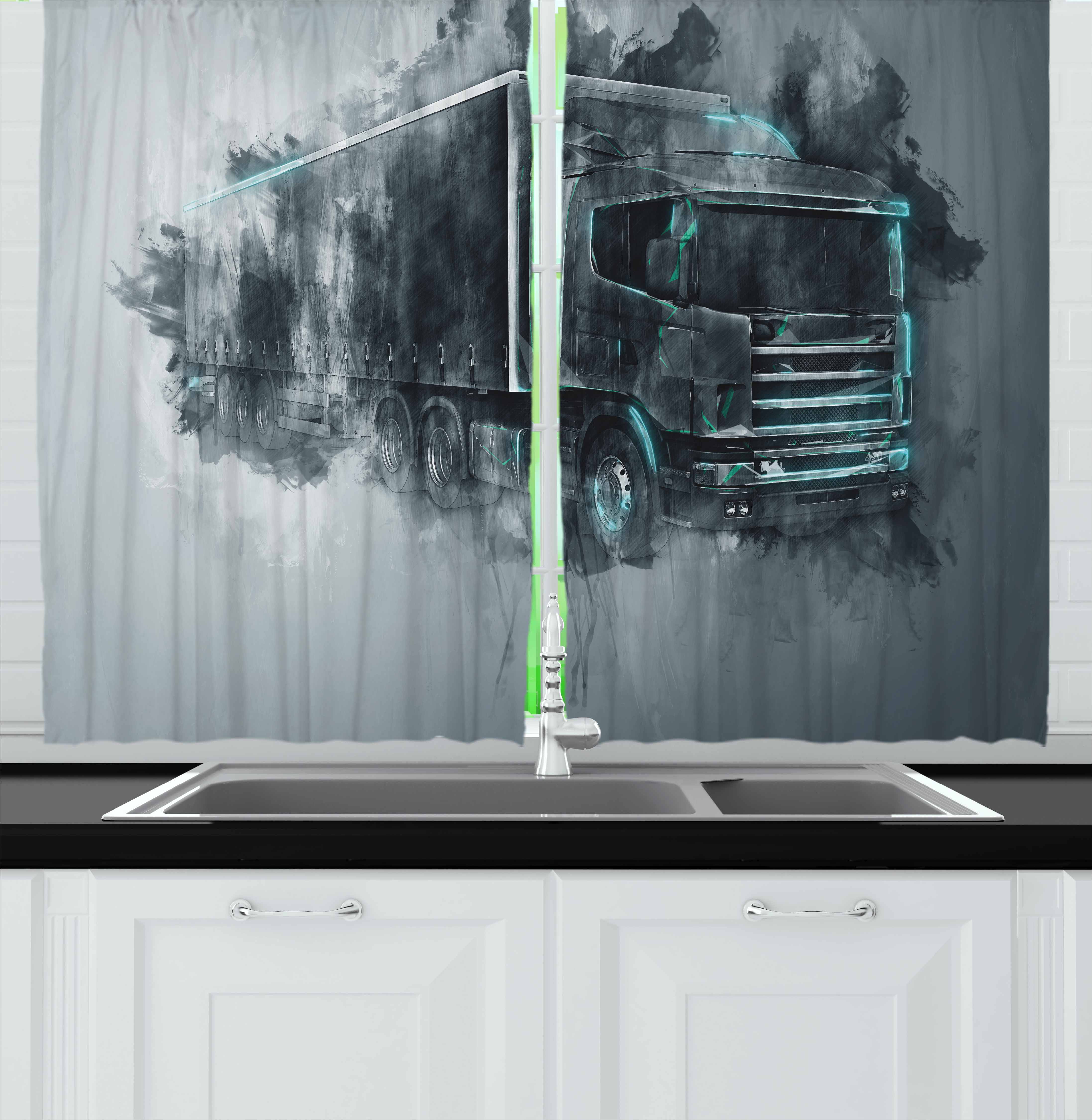 Truck Curtains 2 Panels Set, Greyscale Illustration of a Tractor Trailer with Paint Smears Cargo