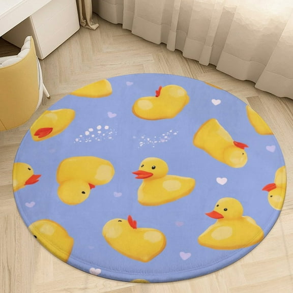 Cute Yellow Duck Pattern Round Area Rugs for Bedroom Living Room, 4FT Soft Comfy Indoor Circle Carpets, Floor Mat