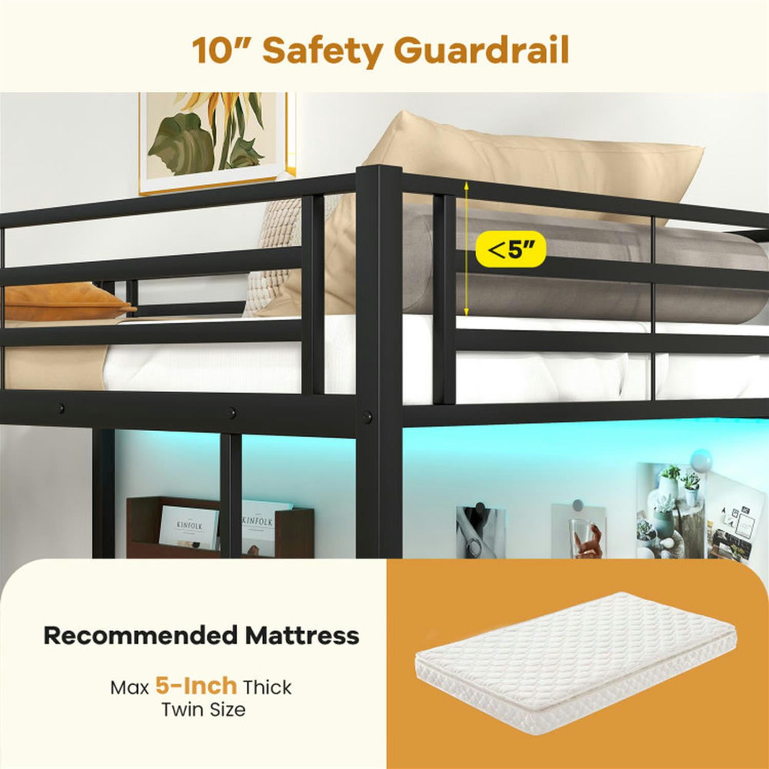 Demi Bonn Twin Size Loft Bed Raised Platform Bed with Desk and 2 Storage Shelves for Teens, Black