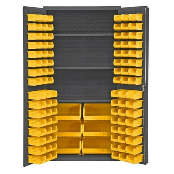 36 in. 16 Gauge Flush Door Style Lockable Cabinets with 102 Yellow Hook on Bins & 3 Adjustable Shelves, Gray
