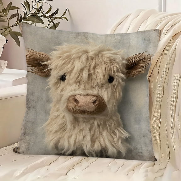 Highland Cow Pattern Pillow Cover, Imitation Embroidery Sofa Cushion, Linen Feel Cushion Cover 17.71x17.71 Inch, Rustic Home Decor for Living Room Bed Chair